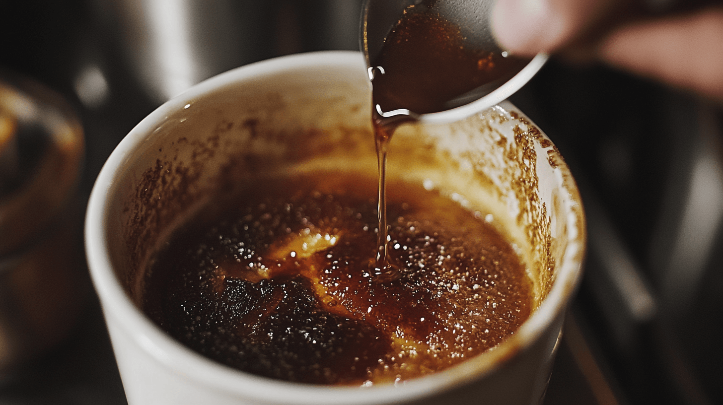 A spoon scooping into a ramekin of crème brûlée, revealing its creamy custard base beneath the caramelized sugar crust, served with fresh berries on the side.