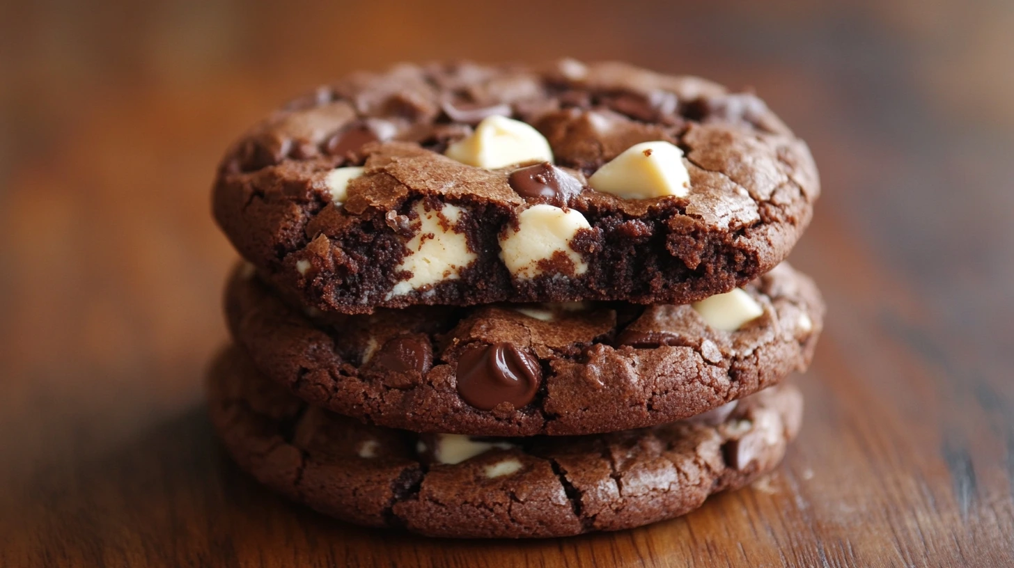 A slice of crookie showing distinct layers of gooey brownie and chewy cookie, served on a wooden board with chocolate chips scattered.