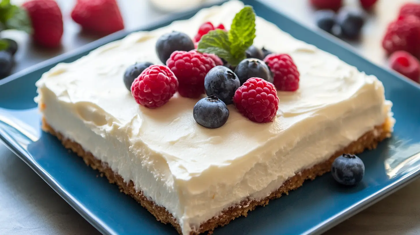 A freshly baked kefir sheet cake with a moist and fluffy texture, topped with a light frosting, served on a wooden table.