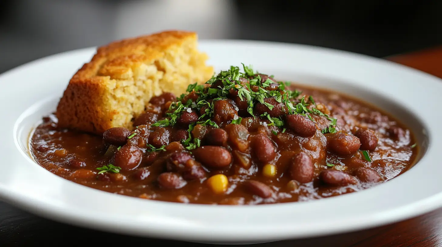 A bowl of beans served with freshly baked cornbread on a rustic wooden table, showcasing a hearty meal.