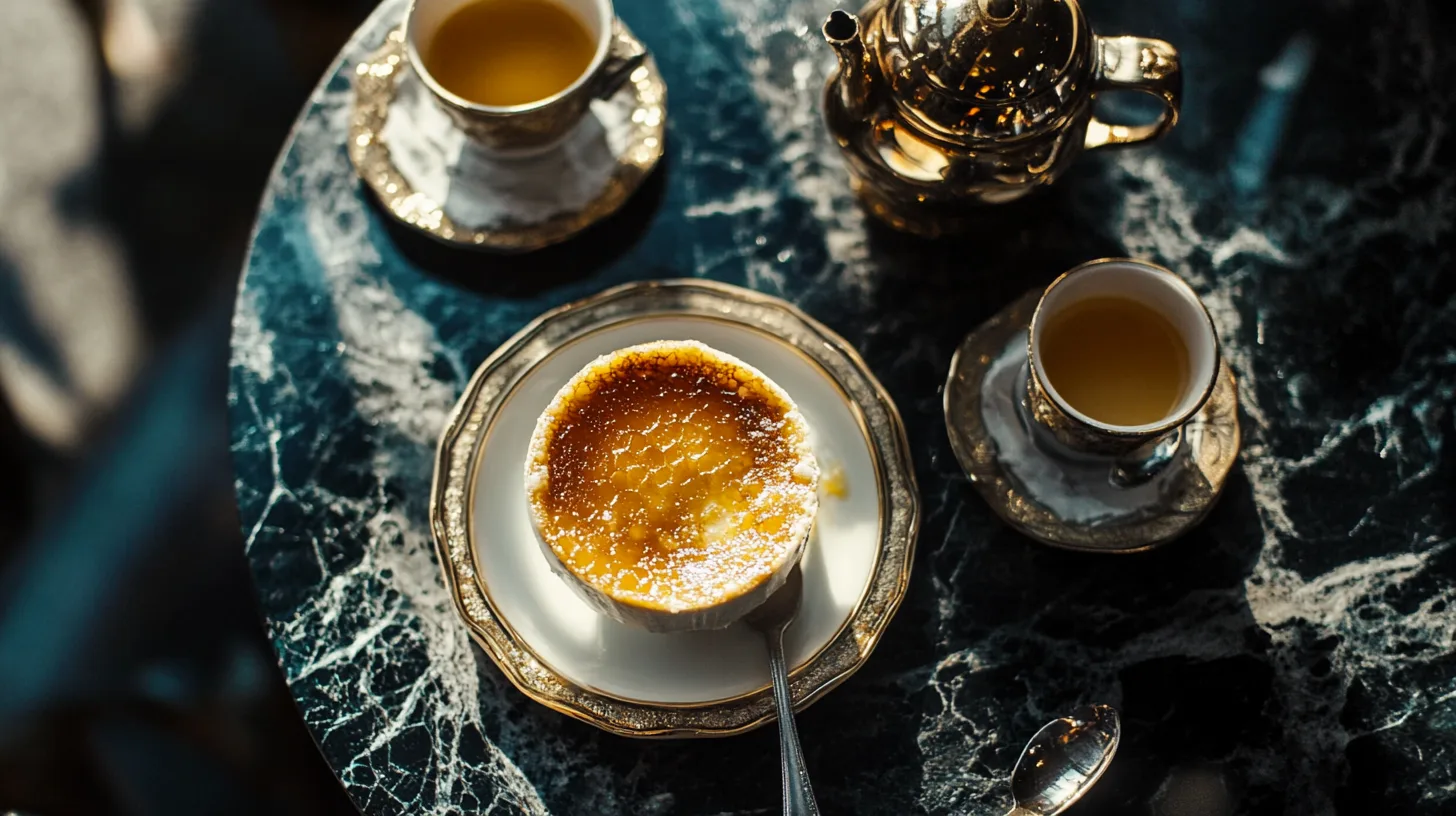 A gourmet crab brûlée served in a ramekin, topped with a golden caramelized crust, garnished with fresh herbs and surrounded by crab claws and lemon slices.