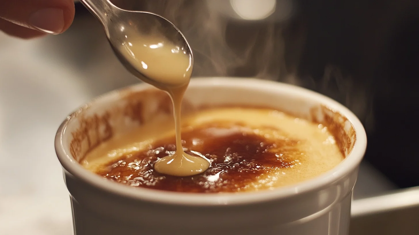 A side-by-side comparison of crème brûlée and custard, with crème brûlée featuring a caramelized sugar crust and custard presented as a smooth, creamy dessert in a bowl.