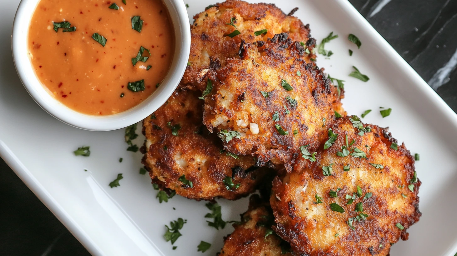 A side-by-side comparison of baked and fried crab cakes, both golden brown and served with dipping sauce.