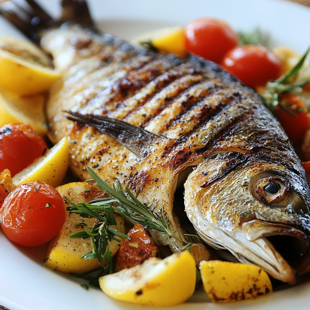 Grilled dorado fillet served on a plate with fresh lemon wedges and herbs, showcasing a simple and delicious preparation.