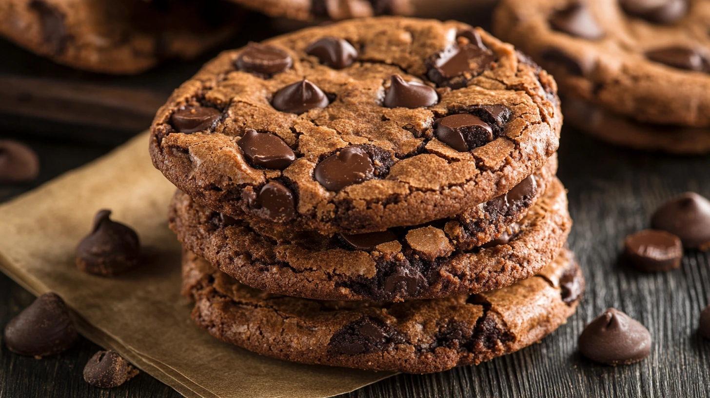 A slice of crookie showing distinct layers of gooey brownie and chewy cookie, served on a wooden board with chocolate chips scattered.