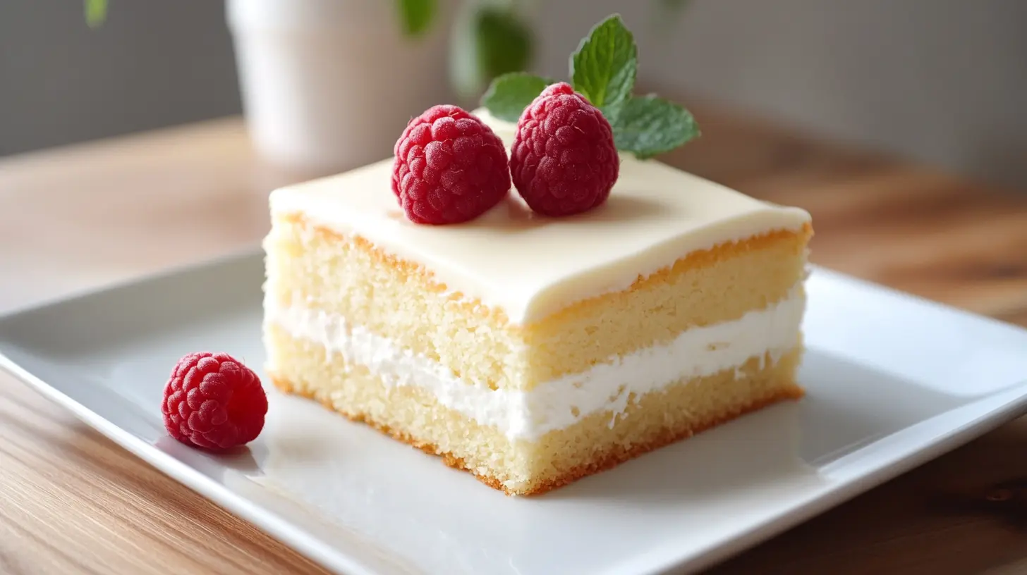 A freshly baked kefir sheet cake with a moist and fluffy texture, topped with a light frosting, served on a wooden table.