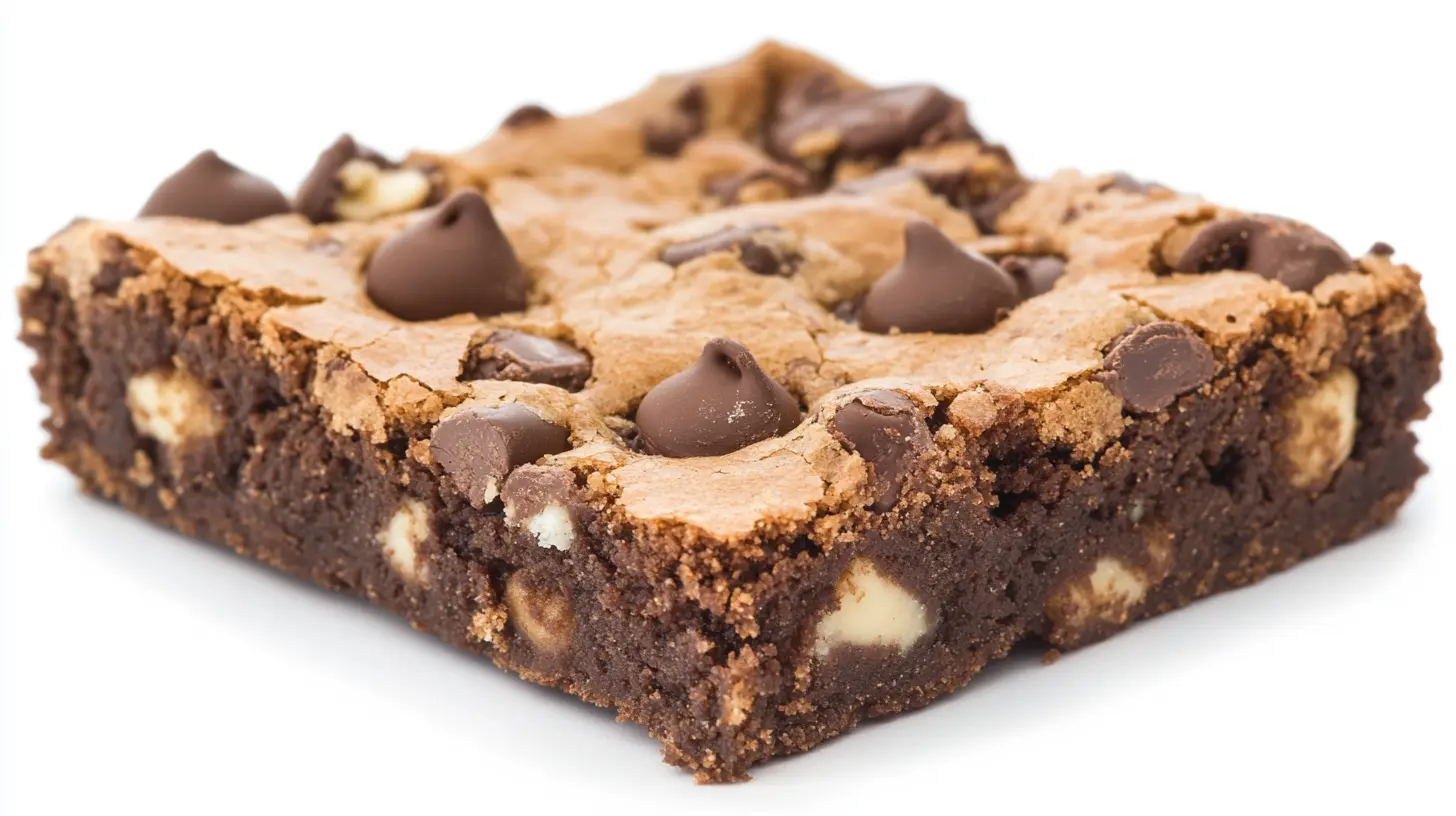 A close-up of a crookie with distinct layers of brownie and cookie, sliced and served on a rustic wooden board.