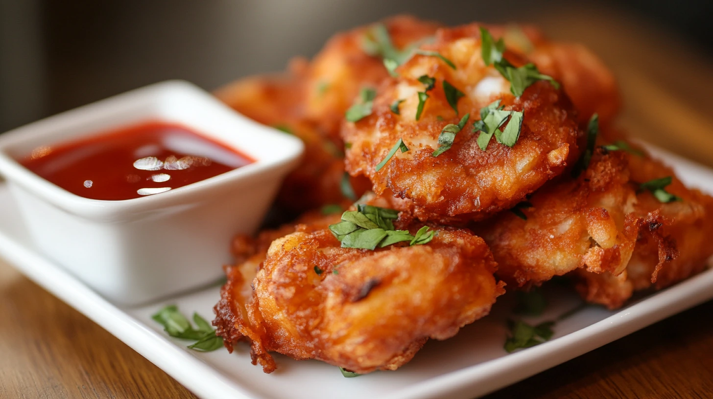 A side-by-side comparison of baked and fried crab cakes, both golden brown and served with dipping sauce.