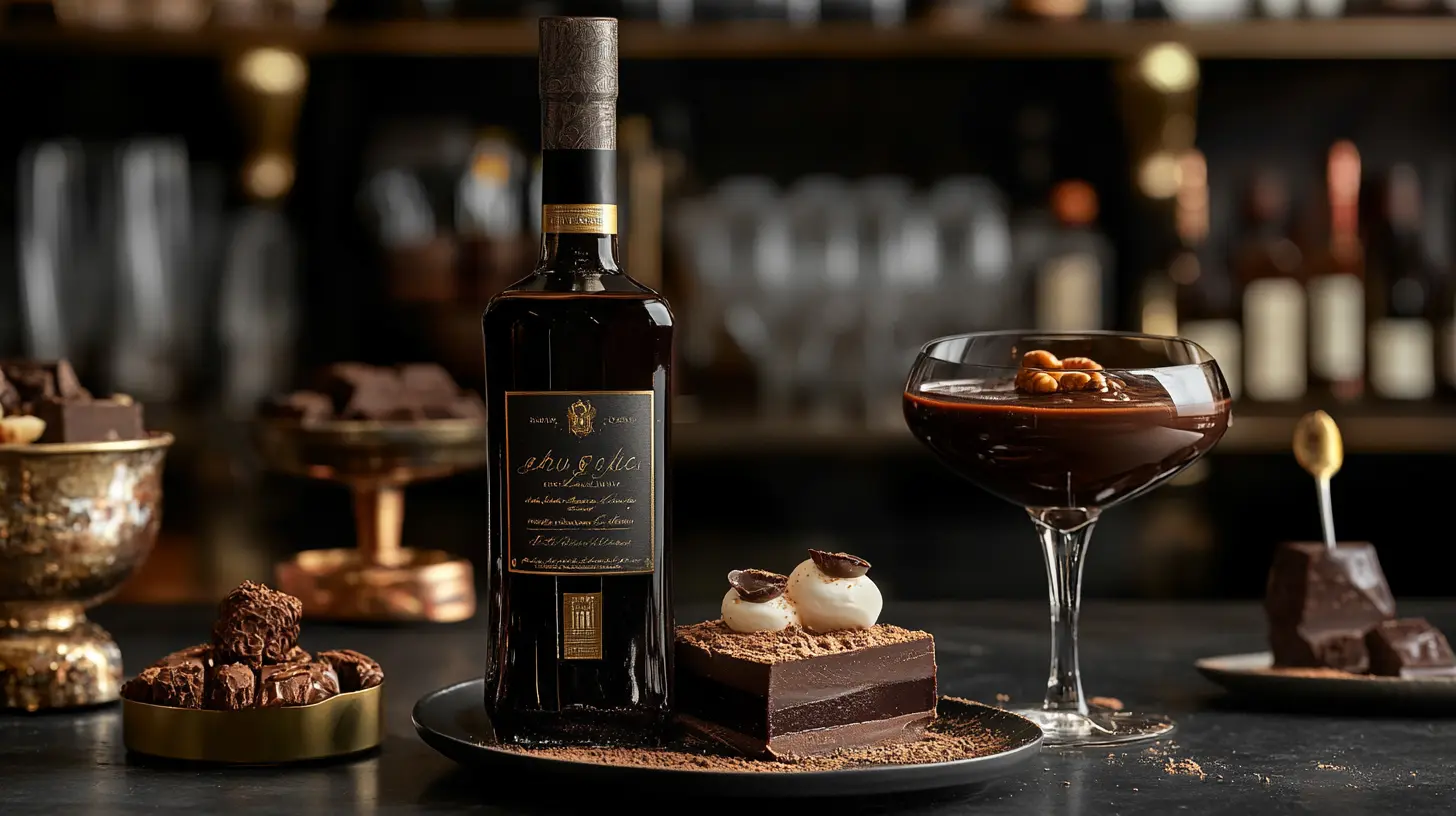 Rich Black Label chocolate sauce drizzled over a dessert, with ingredients like cocoa and cream displayed in the background.