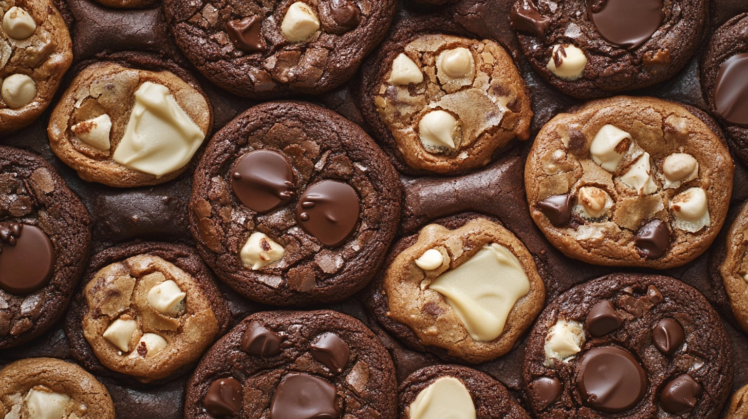 A slice of crookie showing distinct layers of gooey brownie and chewy cookie, served on a wooden board with chocolate chips scattered.