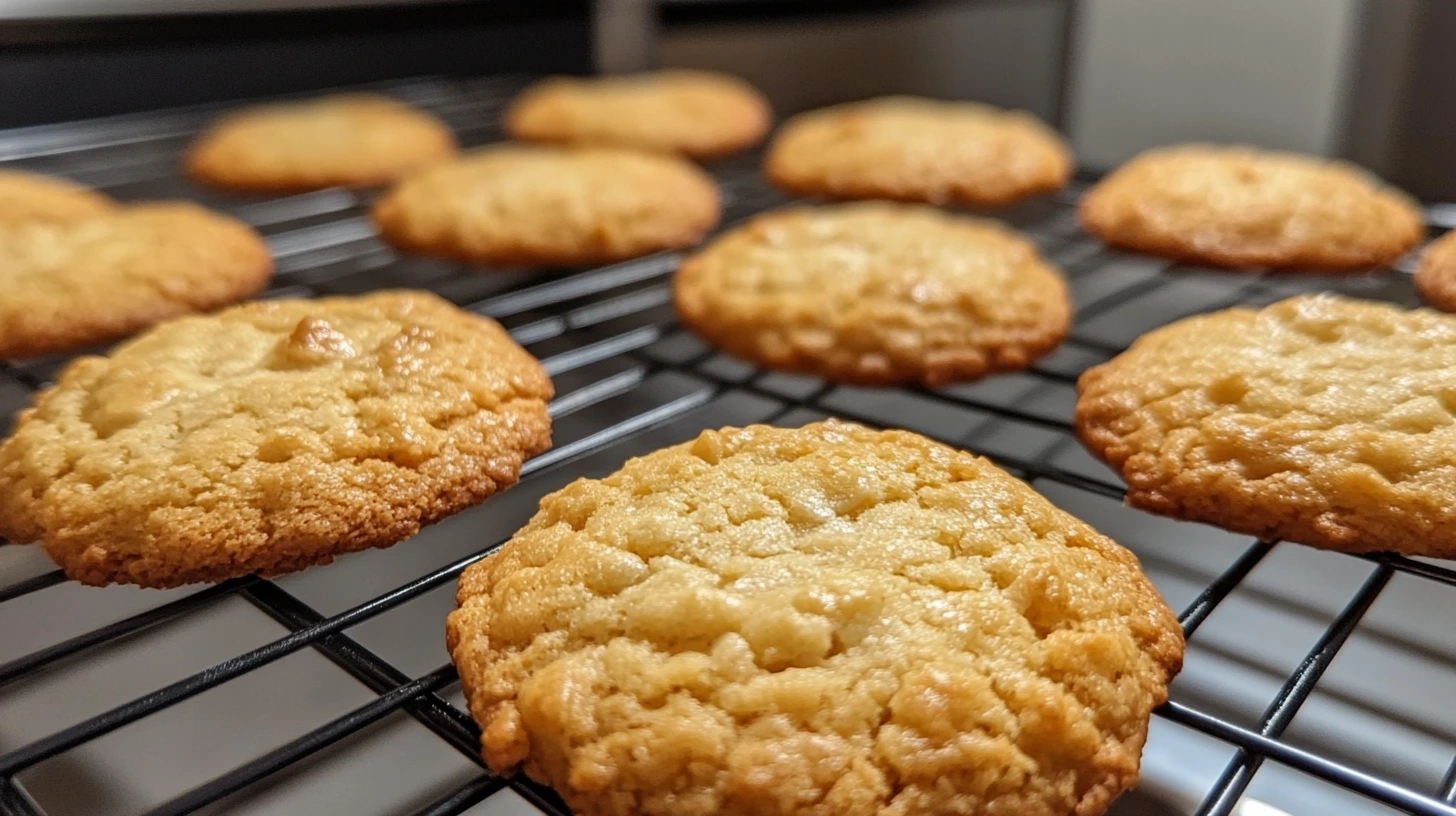 Close-up of soft, chewy cookies on a cooling rack, showcasing their golden edges and gooey center.