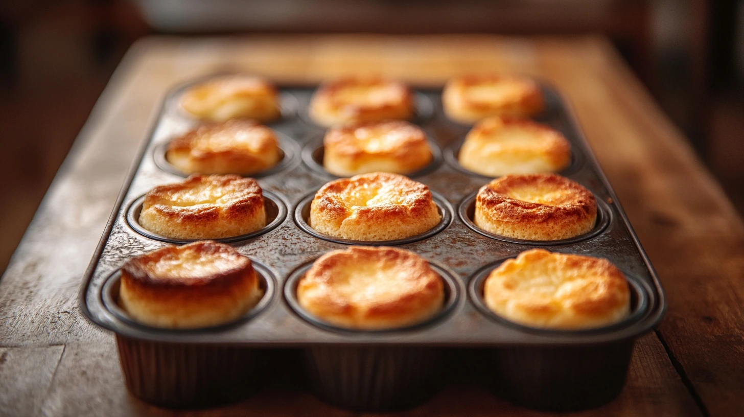 Golden-brown popovers baked in a muffin tin, showcasing their puffed tops and airy texture.