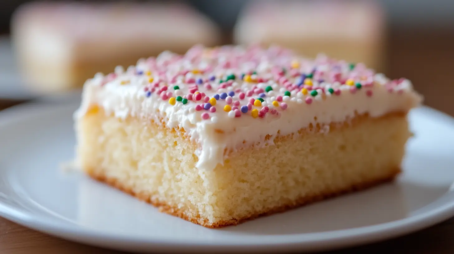 A freshly baked kefir sheet cake with a moist and fluffy texture, topped with a light frosting, served on a wooden table.