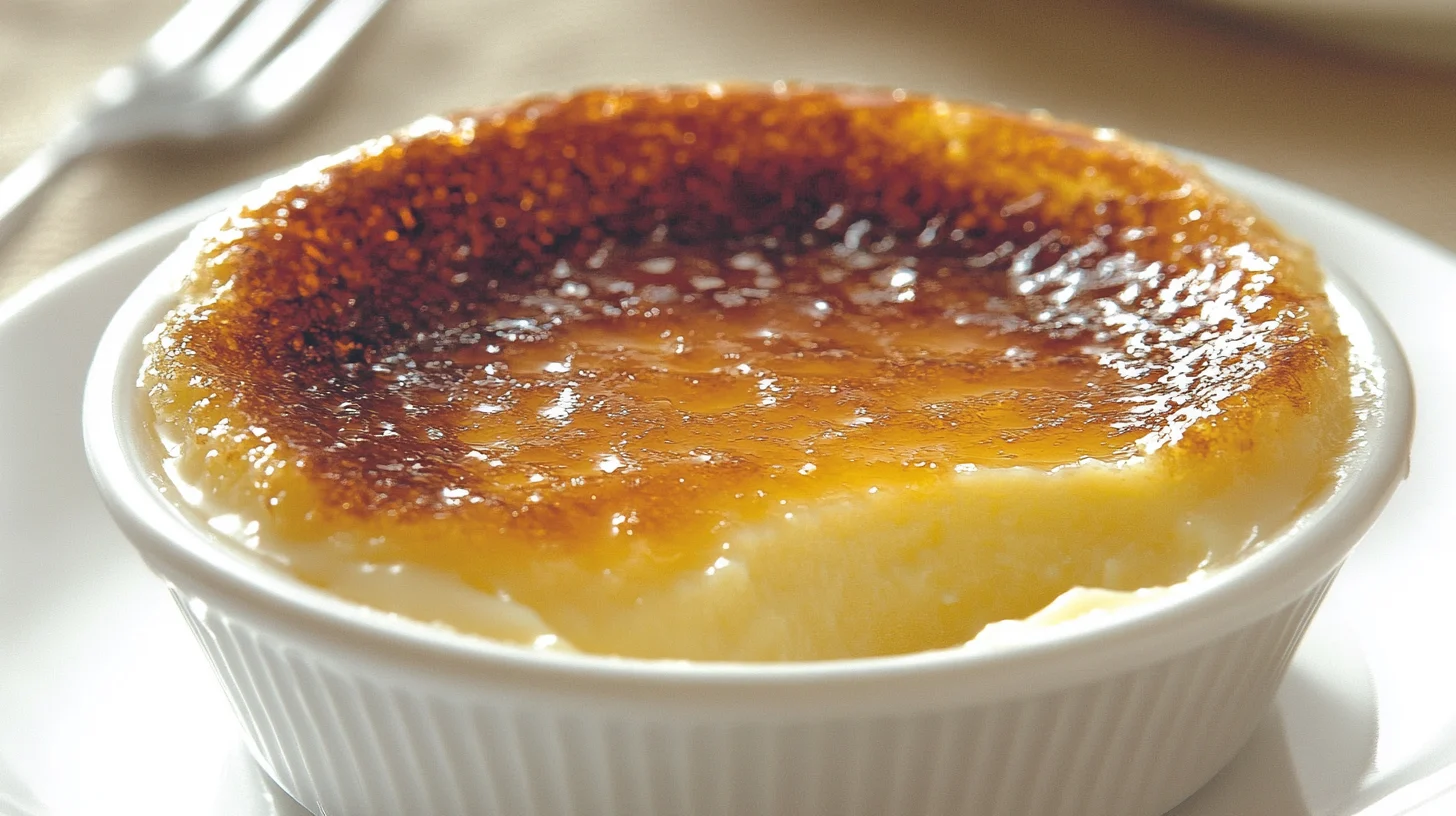 A gourmet crab brûlée served in a ramekin, topped with a golden caramelized crust, garnished with fresh herbs and surrounded by crab claws and lemon slices.
