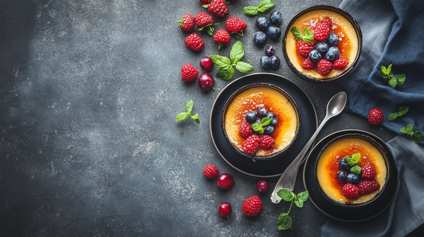 A side-by-side comparison of crème brûlée and custard, with crème brûlée featuring a caramelized sugar crust and custard presented as a smooth, creamy dessert in a bowl.