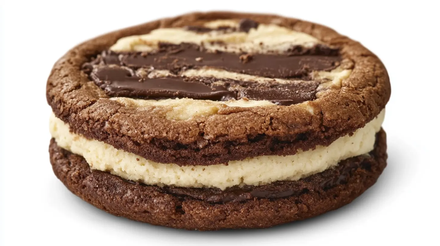 A close-up of a crookie with distinct layers of brownie and cookie, sliced and served on a rustic wooden board.