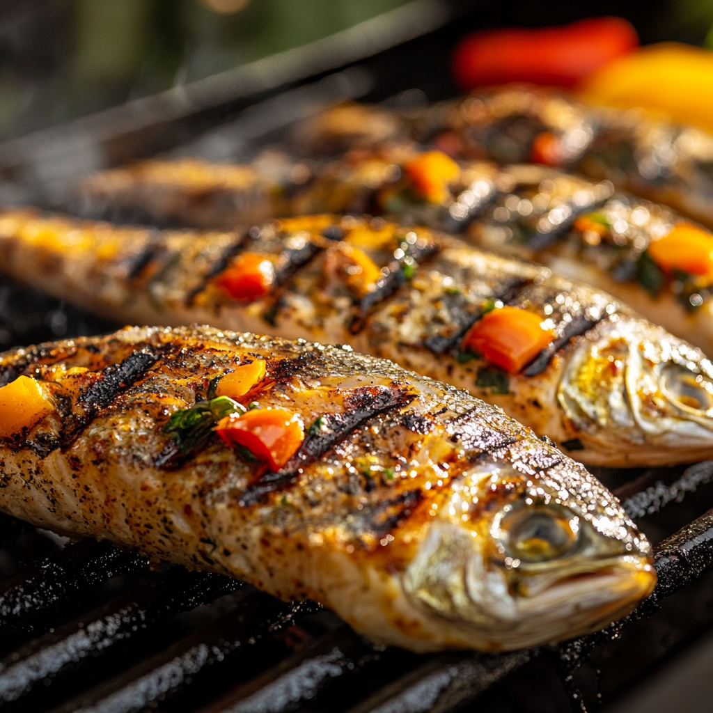 Assorted grilled fish fillets, including salmon and snapper, served with lemon wedges and herbs on a wooden platter.