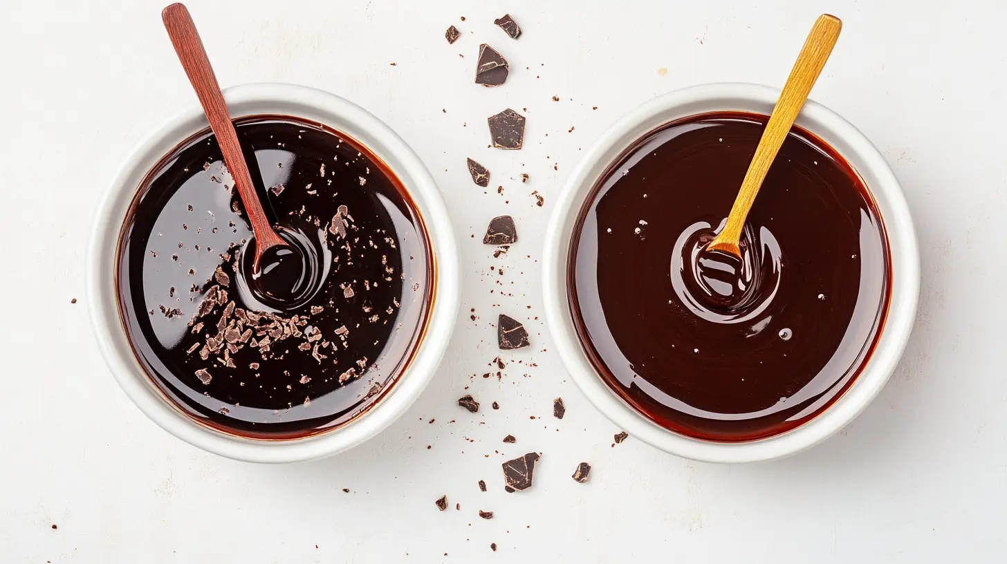 Chocolate syrup in a bottle and chocolate sauce in a bowl, highlighting the differences in texture and uses for desserts and beverages.