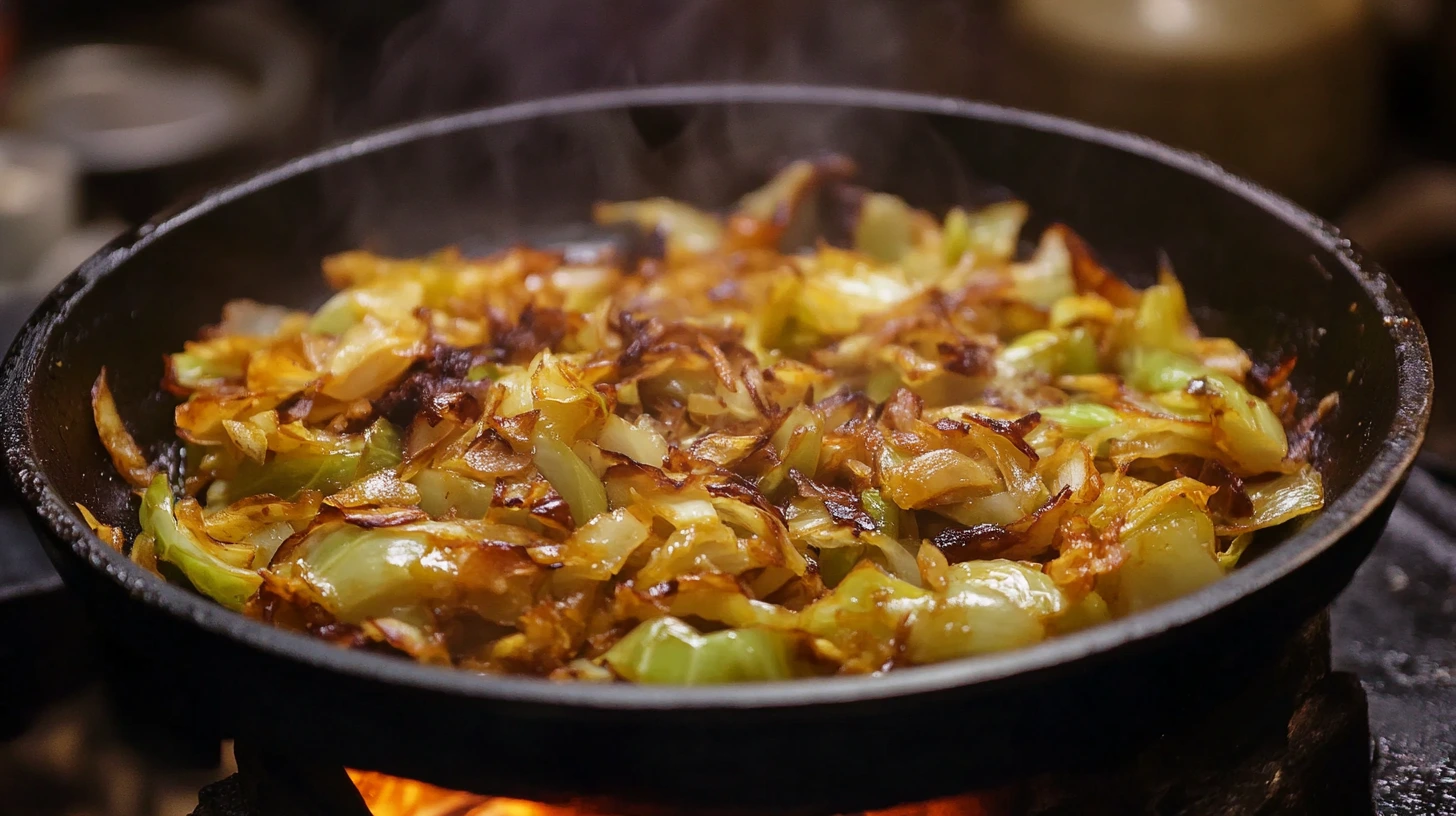 Blanching cabbage in boiling water with ice bath on the side for stir-frying preparation.