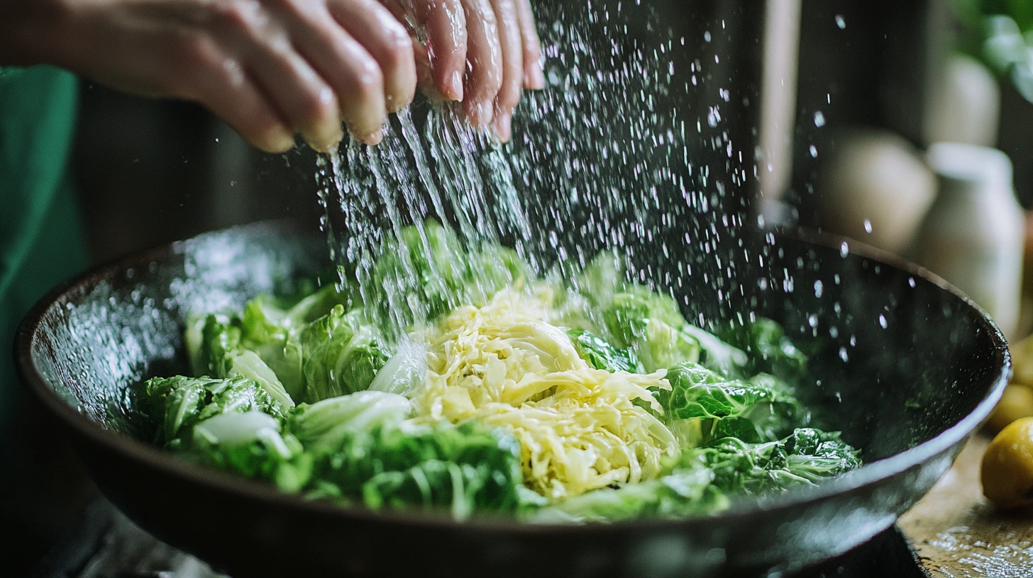 Hands washing fresh Chinese cabbage under running water in a kitchen sink, ensuring cleanliness for cooking or raw consumption.