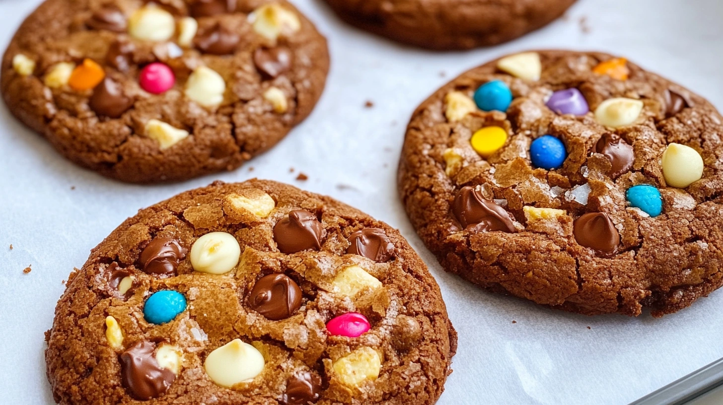 A slice of crookie showing distinct layers of gooey brownie and chewy cookie, served on a wooden board with chocolate chips scattered.