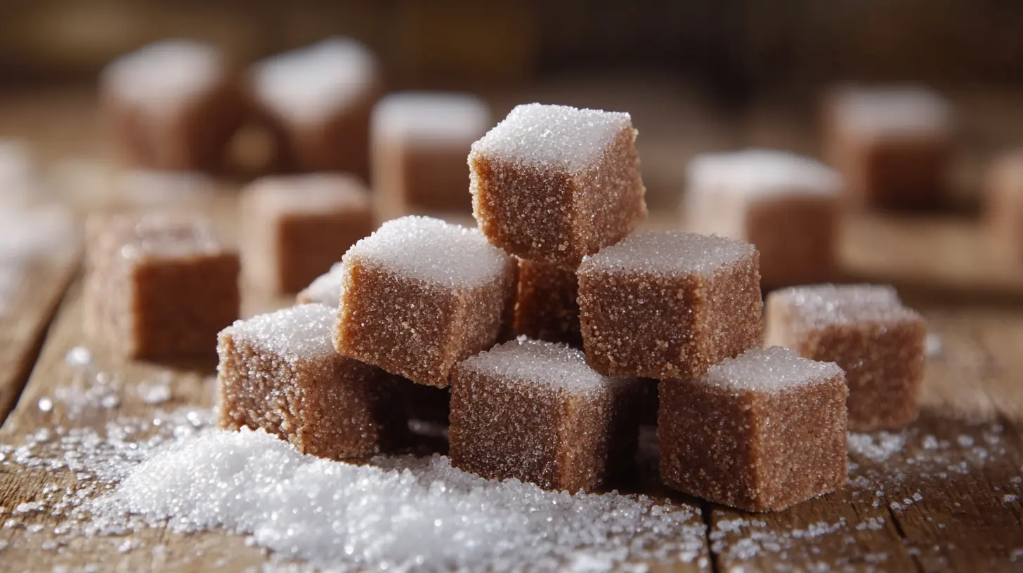 Close-up of a brownie bite on a white plate with nutritional facts and sugar content highlighted in the background.