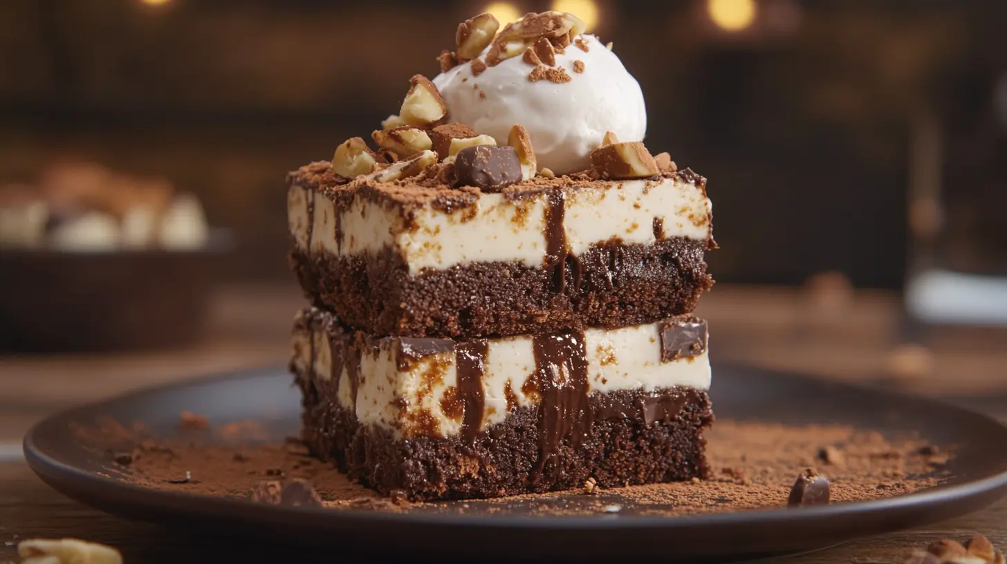 A close-up of a stack of brownies on a plate, with a sprinkle of powdered sugar and a nutrition label showing sugar content in the background.