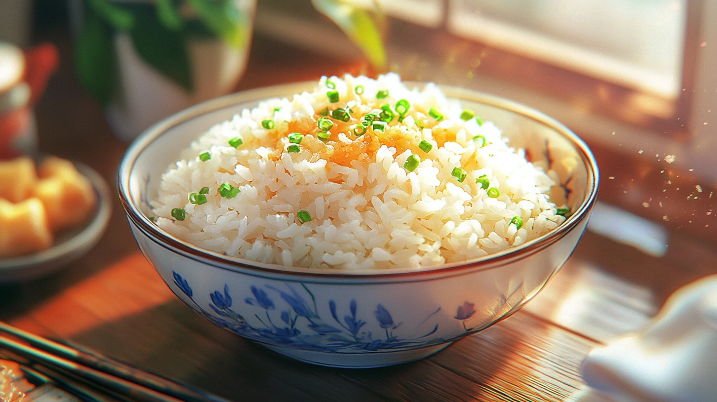 A bowl of perfectly cooked fluffy rice garnished with fresh herbs, showcasing restaurant-style presentation and texture.