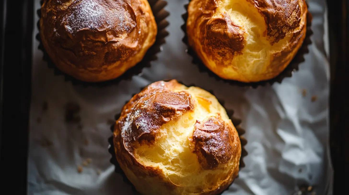 Golden, airy popovers fresh out of the oven with a crisp exterior and hollow center, showcasing expert baking techniques.