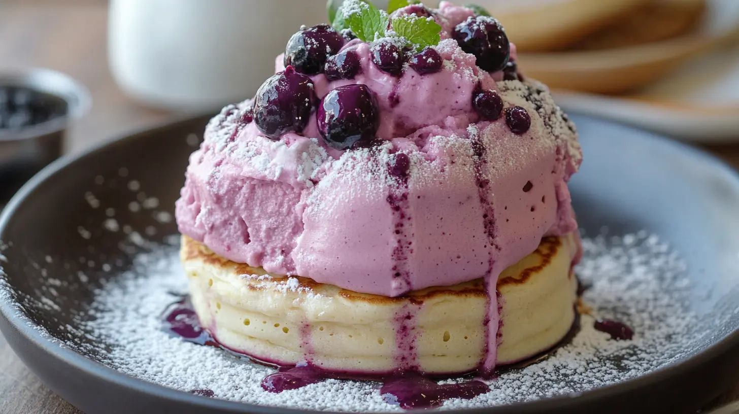 Stack of vibrant purple taro-flavored pancakes topped with coconut flakes, fresh fruit, and a drizzle of syrup, showcasing a tropical twist on breakfast classics.