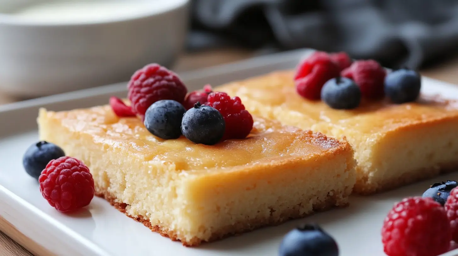 A freshly baked kefir sheet cake with a moist and fluffy texture, topped with a light frosting, served on a wooden table.