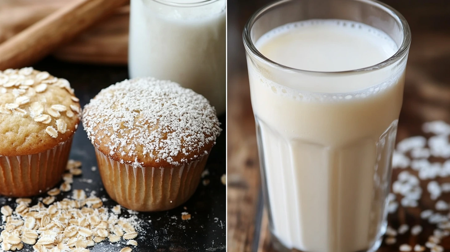 Freshly baked muffins made with kefir as a milk substitute, served on a wooden table with a glass of kefir in the background.