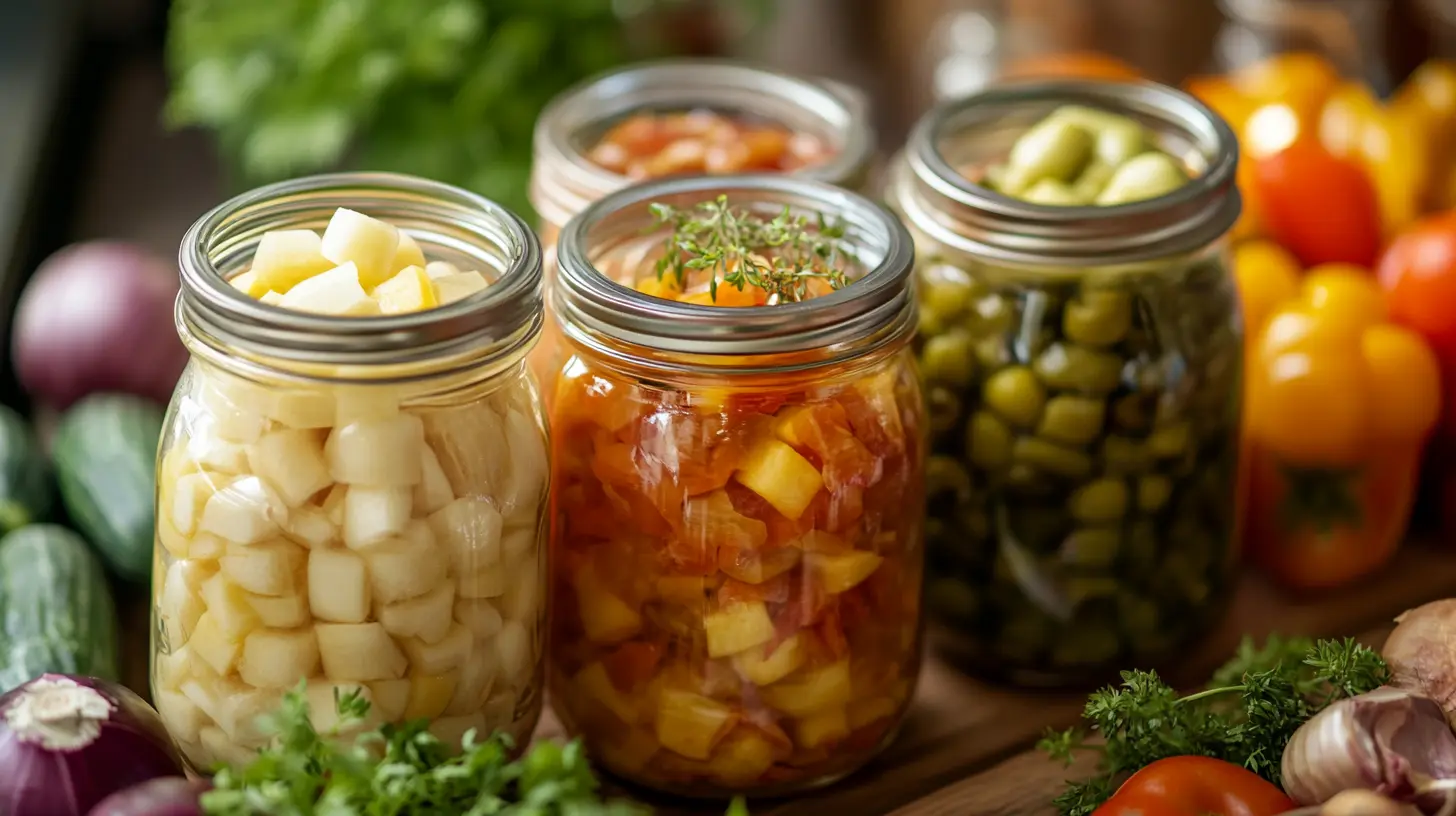 A jar of homemade chow-chow relish, filled with a mix of chopped green tomatoes, cabbage, bell peppers, and onions, seasoned with vinegar, sugar, and spices.