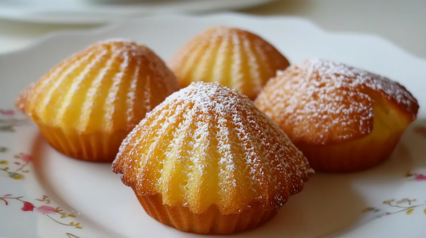 A close-up view of golden, moist madeleines arranged artfully on a rustic plate, showcasing their tender texture and inviting freshness.