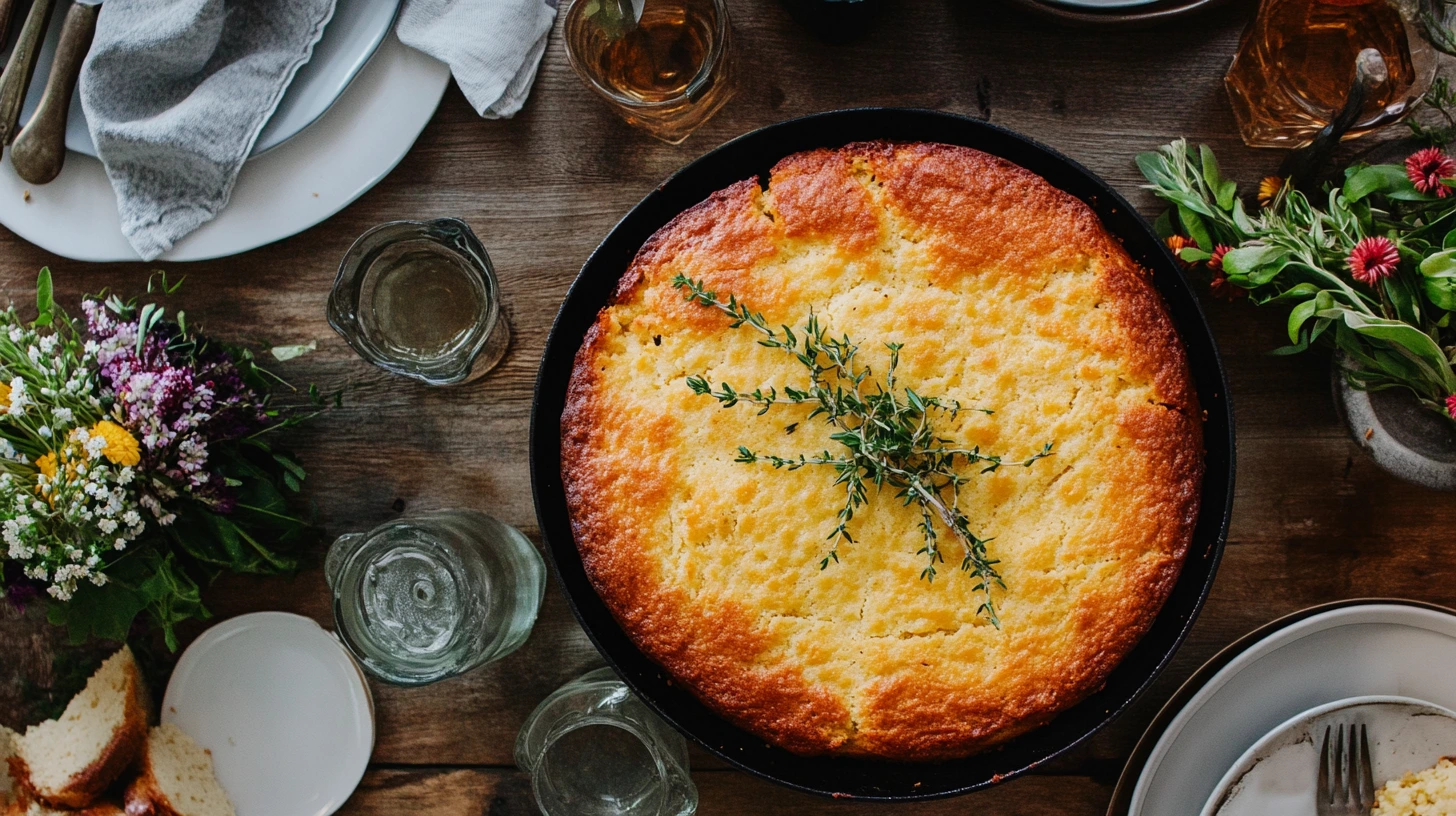 A freshly baked skillet of cornbread served on a wooden table, symbolizing its cultural significance in African American traditions.