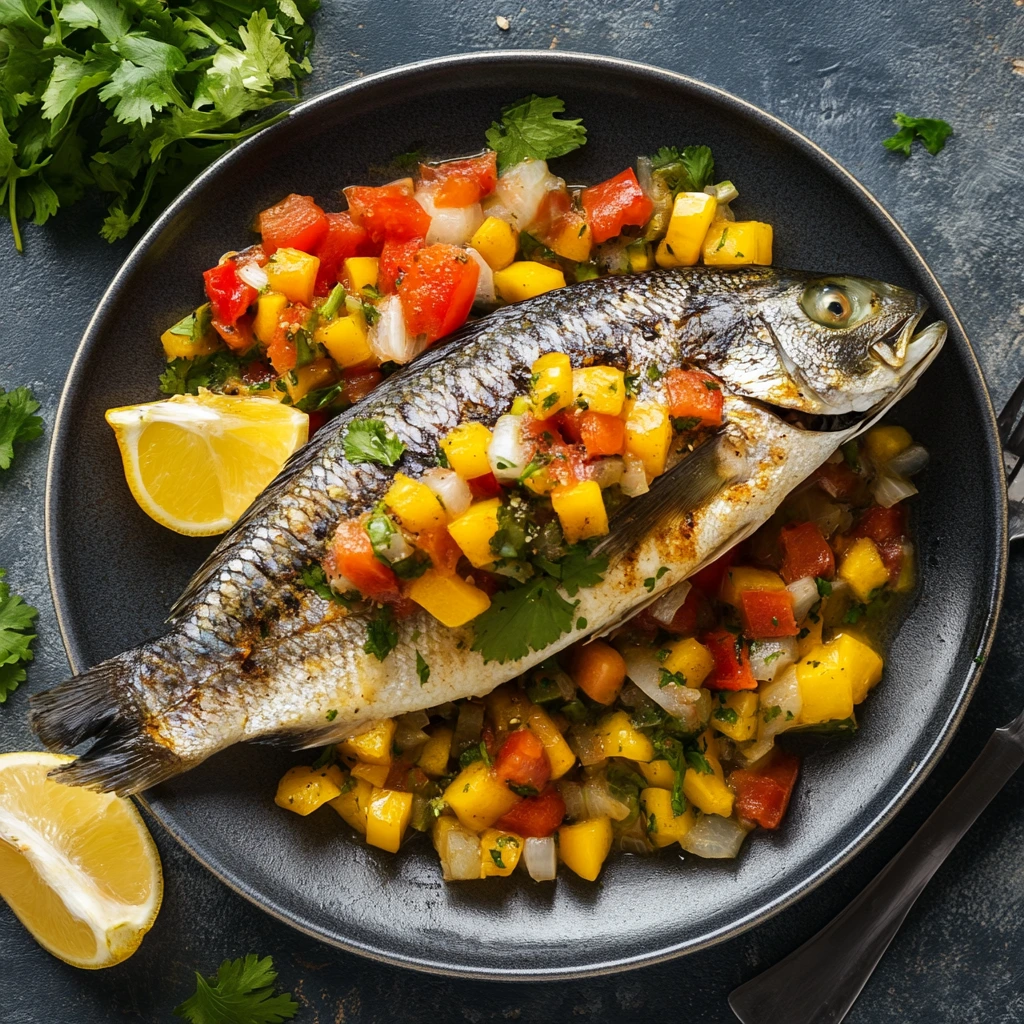 A freshly grilled dorado fish fillet garnished with lemon slices and herbs, served on a white plate, showcasing its delicious flavor.