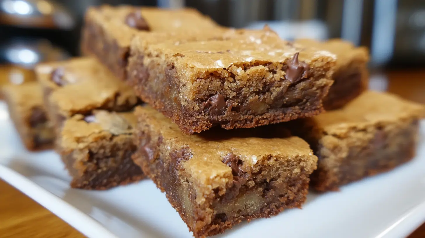 A close-up of a crookie with distinct layers of brownie and cookie, sliced and served on a rustic wooden board.