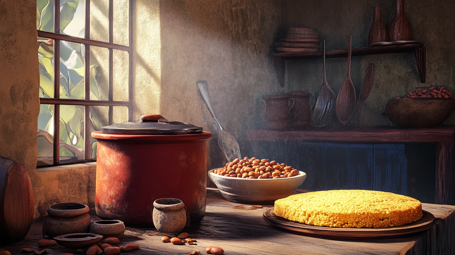 A plate of beans and cornbread served with classic sides like collard greens, fried potatoes, and coleslaw.