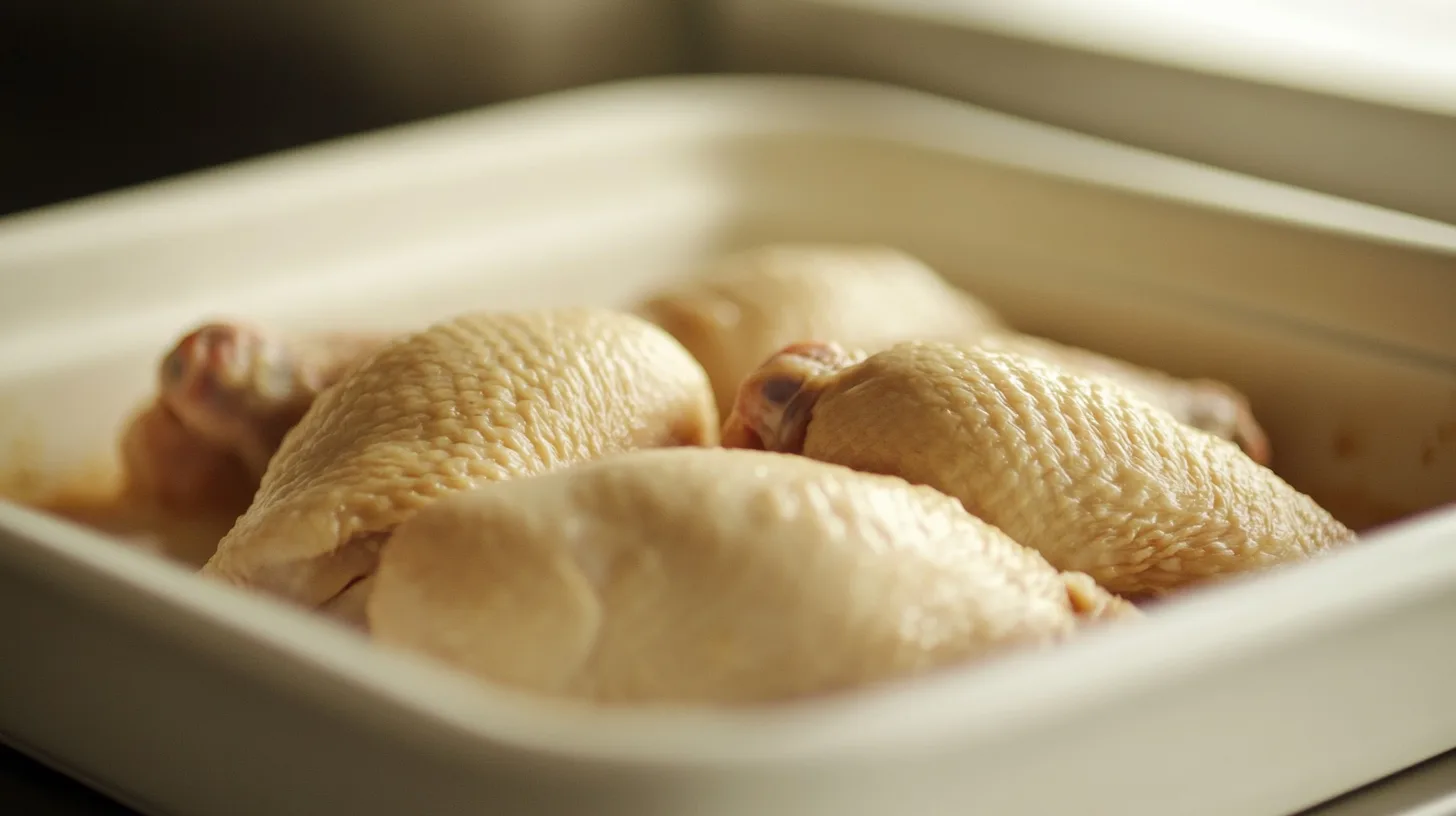 Golden-brown oven-baked forgotten chicken in a casserole dish with creamy sauce and rice.