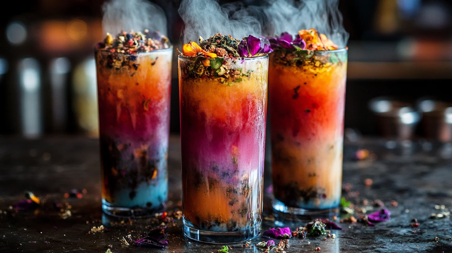 A colorful glass of loaded tea with ice and fruit slices, advertised as an energy-boosting and metabolism-supporting drink.