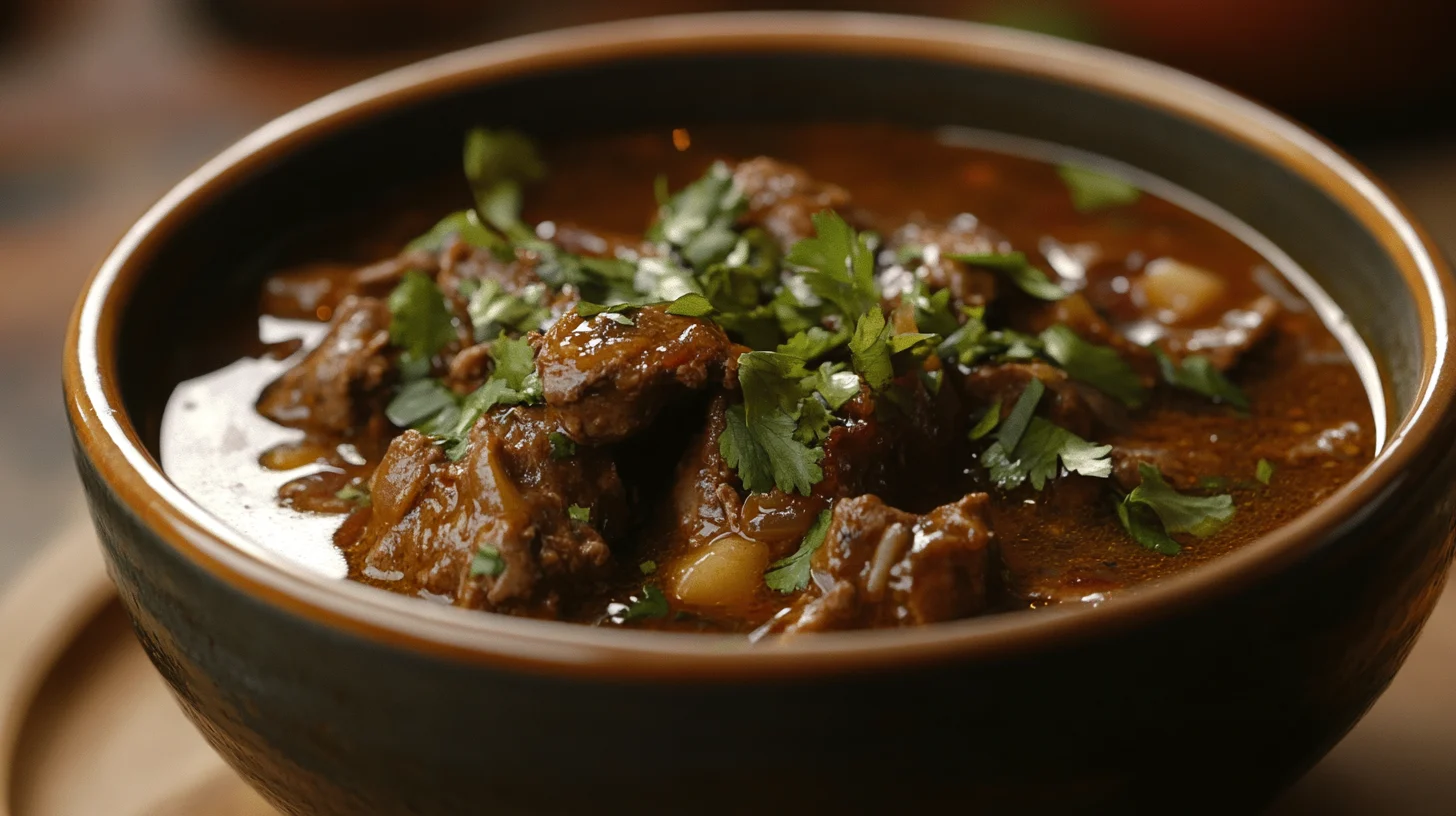 A steaming bowl of birria taco soup with tender shredded beef, rich red broth, and garnished with fresh cilantro, onions, and lime wedges.