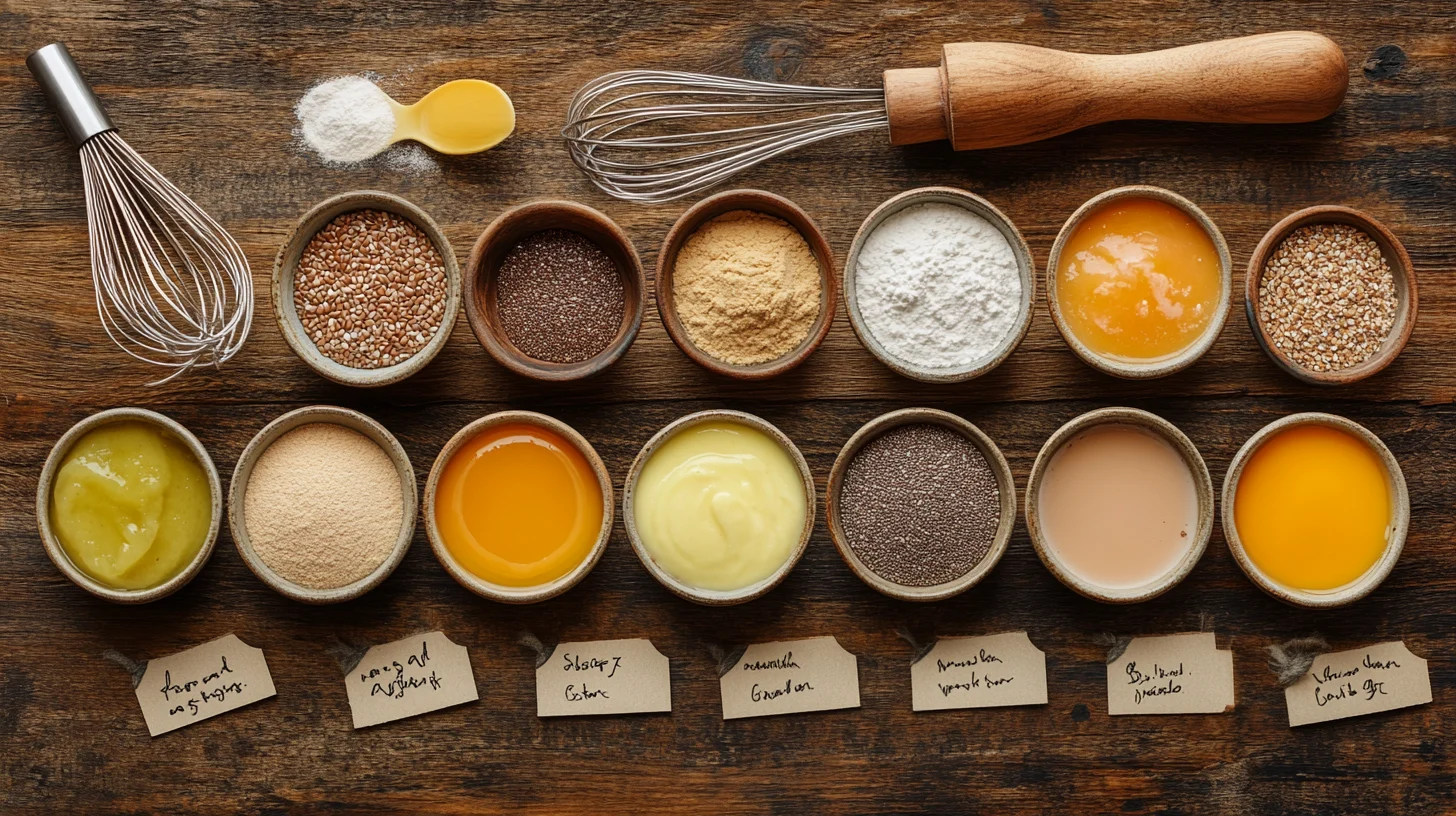 A variety of vegan egg substitutes, including flax eggs, chia eggs, applesauce, and mashed bananas, displayed in small bowls on a baking countertop.