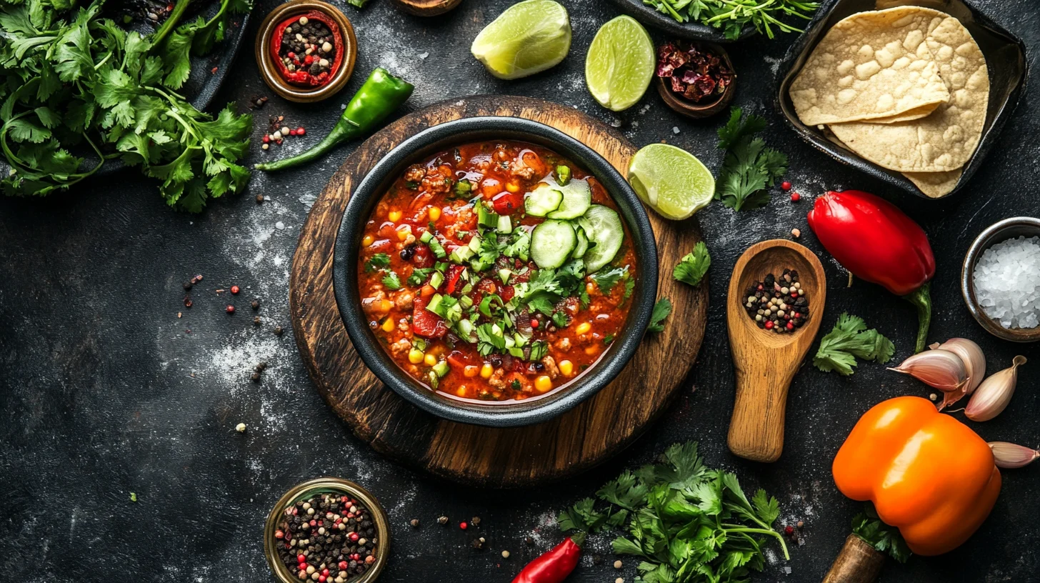 A steaming bowl of birria taco soup with tender shredded beef, rich red broth, and garnished with fresh cilantro, onions, and lime wedges.