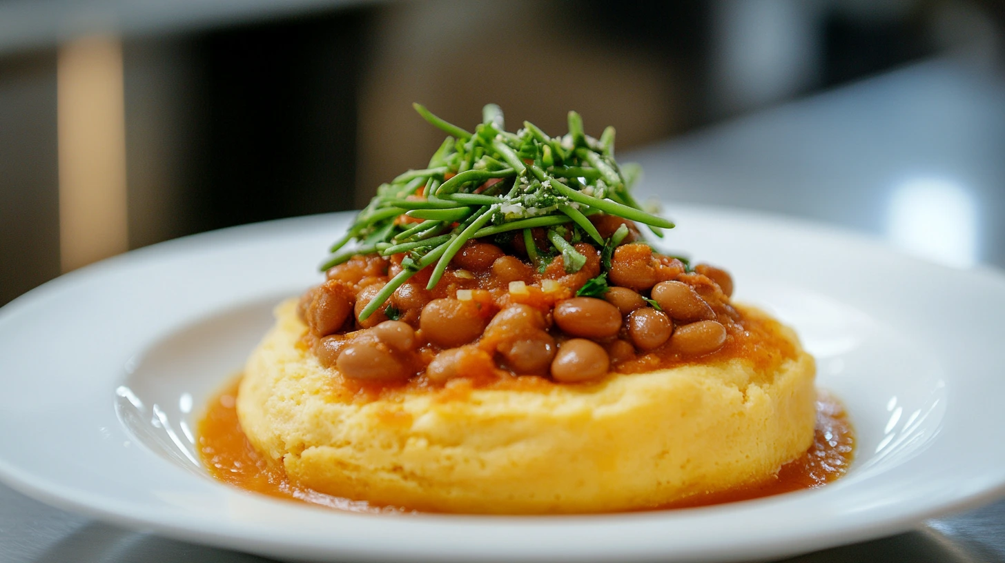A table set with beans, cornbread, and various side dishes like salads, roasted vegetables, and sauces, showcasing a hearty meal.