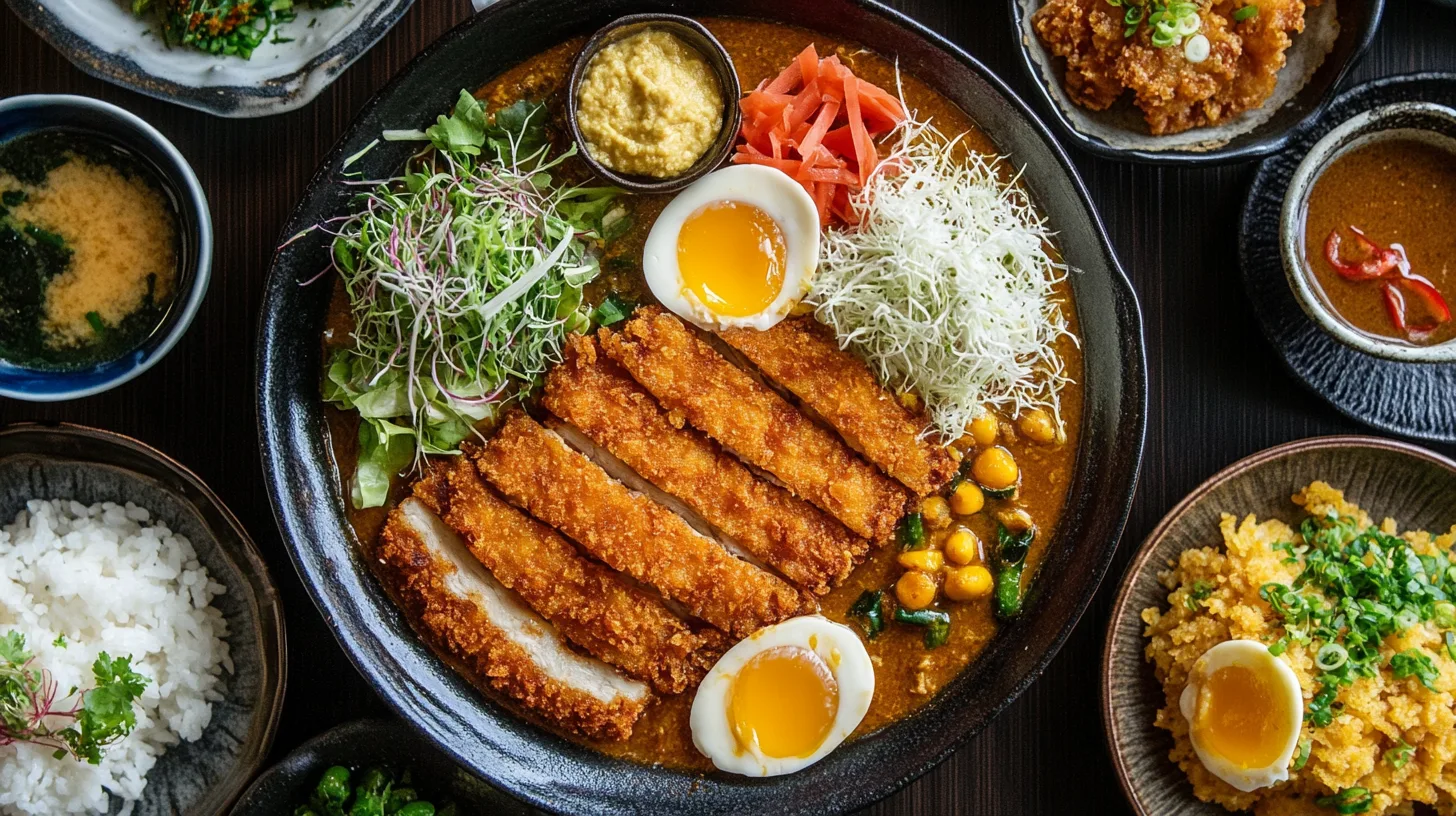 A side-by-side comparison of traditional Japanese curry and katsu curry, featuring rich curry sauce and a crispy breaded cutlet.