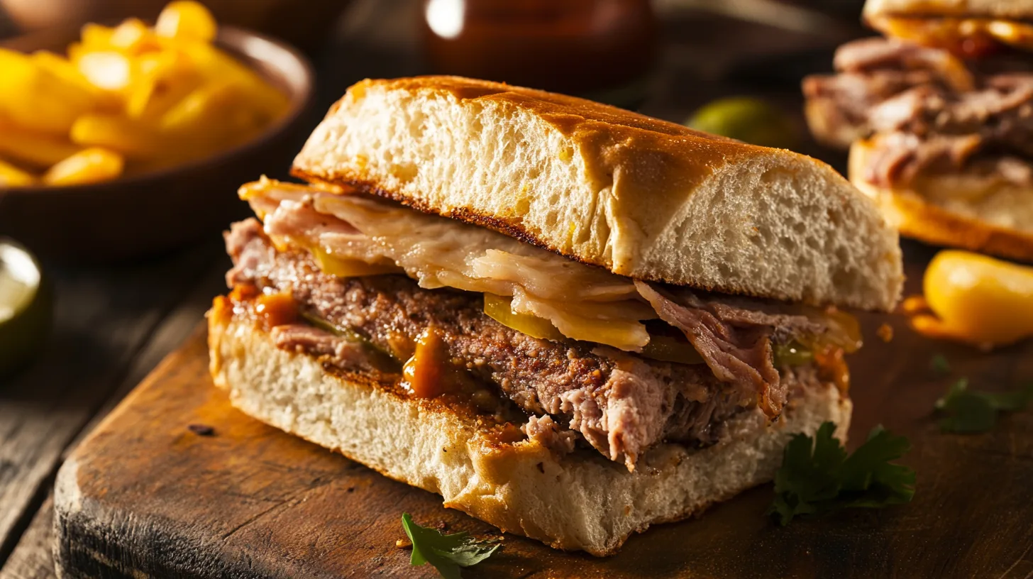 A side-by-side comparison of a classic Cubano and a traditional Cuban sandwich, both filled with roasted pork, ham, Swiss cheese, pickles, and mustard on Cuban bread.