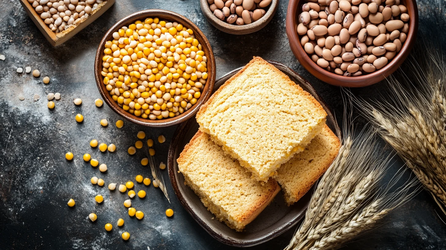 A plate of beans and cornbread served with classic sides like collard greens, fried potatoes, and coleslaw.
