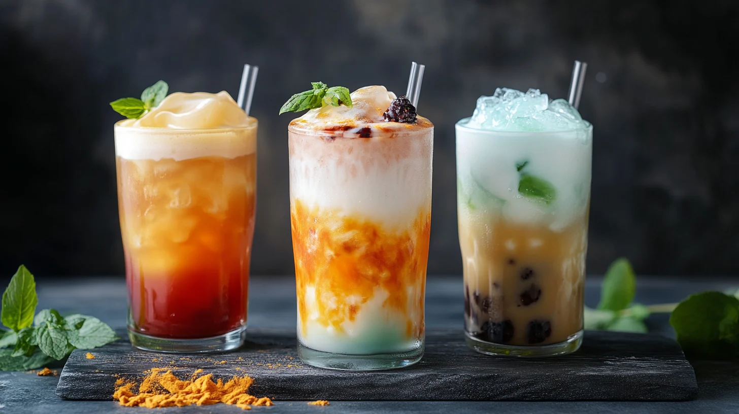 A colorful glass of loaded tea with ice and fruit slices, advertised as an energy-boosting and metabolism-supporting drink.