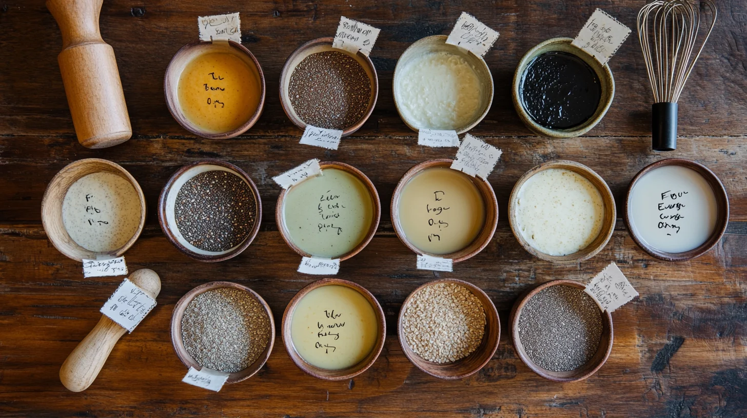 A variety of vegan egg substitutes, including flax eggs, chia eggs, applesauce, and mashed bananas, displayed in small bowls on a baking countertop.