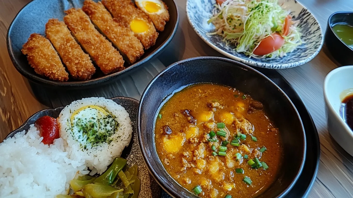 A side-by-side comparison of traditional Japanese curry and katsu curry, featuring rich curry sauce and a crispy breaded cutlet.